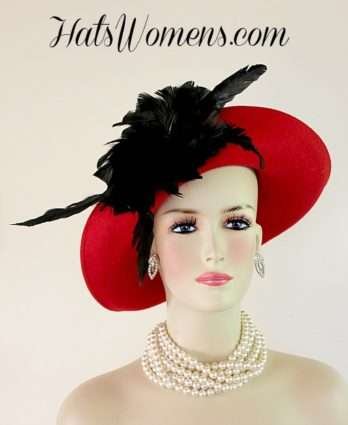 Women's Red Winter Wool Hat Black Feathers, Ladies Hats, Church Hats, Fashion Hats, Special Occasion Hats, Autumn Fall Dress Hats Woman Women Lady's, Hats For Weddings