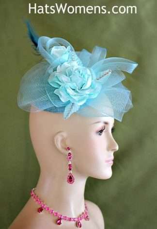 Women's Baby Aqua Turquoise Blue Wedding Fascinator Sinamay Straw, Bridal Fascinators, Kentucky Derby Hats, Cocktail Hats, Couture Designer Fashion Church Hats