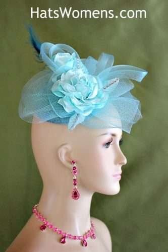 Women's Baby Aqua Turquoise Blue Wedding Fascinator Sinamay Straw, Bridal Fascinators, Kentucky Derby Hats, Cocktail Hats, Couture Designer Fashion Church Hats