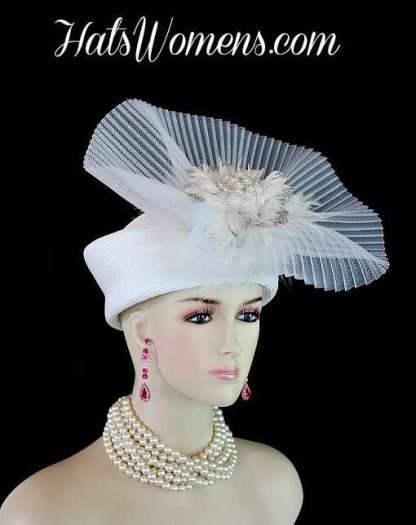 Woman's Lady's Formal White Hat, Metallic Silver White Designer Hats, Special Occasion Hats For Wedding Guests, Tea Party Hats, Kentucky Derby Hat