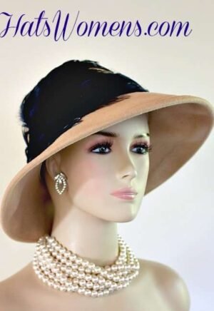 Camel Taupe Beige Winter Wool Ladies Hat Navy Blue Feathers, Women's Beige Designer Hat, Fashion Hats For Women Autumn Fall Apparel, Couture Headwear Millinery Designers