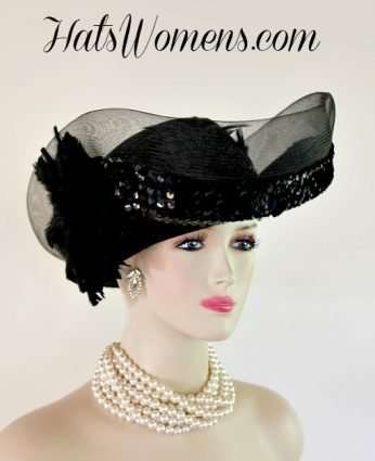Ladies Designer Black Winter Wool Hat With Sequin And Feathers, Haute Couture Women's Fashion Hat Hats, Church Hats, Hats For Formals, Holiday Cocktail Hat, Mother Of The Bride Hats, Wedding Bridal Hats