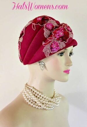 Women's Ladies Formal Winter Wool Hot Pink Hat, Sequin Glass Beaded Formal Mother Of The Bride Hats, Special Occasion Autumn Fall Hats For Ladies, Couture Bridal Wedding Hats Church