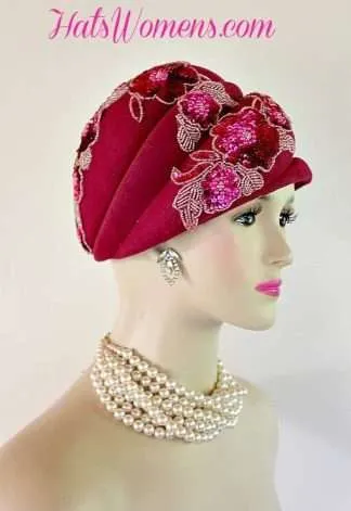 Women's Ladies Formal Winter Wool Hot Pink Hat, Sequin Glass Beaded Formal Mother Of The Bride Hats, Special Occasion Autumn Fall Hats For Ladies, Couture Bridal Wedding Hats Church