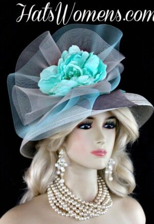 Women's Designer Silver Grey Aqua Turquoise Blue Designer Fashion Hat, Women's Custom Kentucky Derby Hats With Flowers, Formal Church Wedding Bridal Fashion Hats