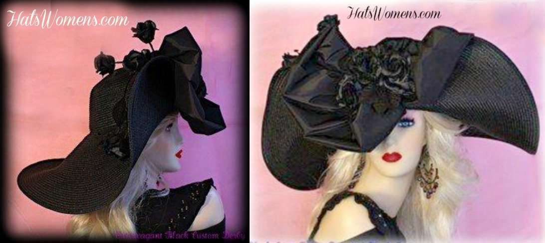 Women's Designer Black Fashion Hats With Roses, Haute Couture Dress Hats For Women, Ladies Church Hats, Beautiful Formal Special Occasion Hats For Woman