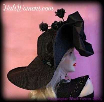 Women's Designer Black Fashion Hats With Roses, Haute Couture Dress Hats For Women, Ladies Church Hats, Beautiful Formal Special Occasion Hats For Woman