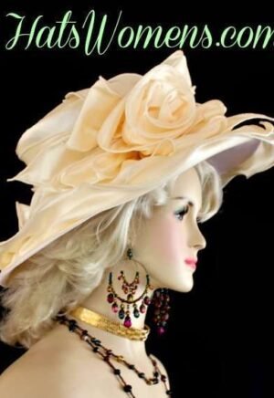 Ivory Wide Brimmed Satin Kentucky Derby Hat For Women, Ivory Wedding Bridal Brides Hat Hats, Ivory Designer Fashion Hats For Women