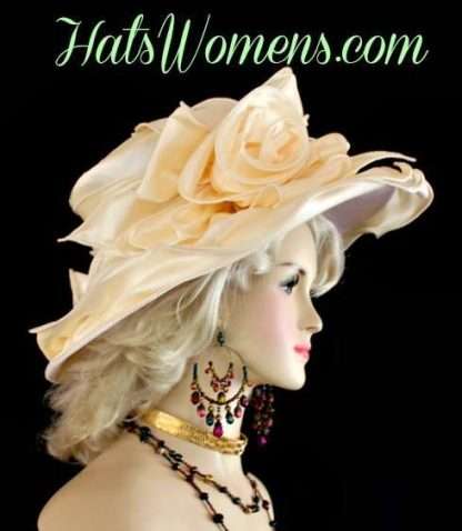Ivory Wide Brimmed Satin Kentucky Derby Hat For Women, Ivory Wedding Bridal Brides Hat Hats, Ivory Designer Fashion Hats For Women