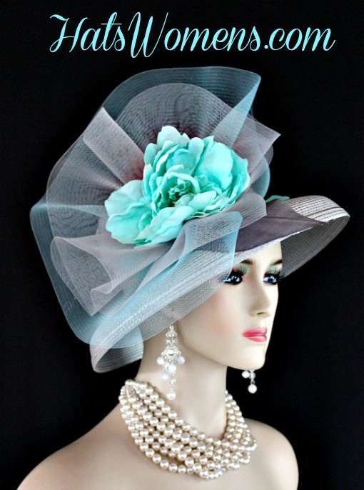 Ladies Formal Custom Made Silver Grey Dress Hat, Women's Silver Grey Turquoise Blue Aqua Designer Fashion Hats, Hats For Weddings Church Brides Formals, Mother Of The Bride Hats