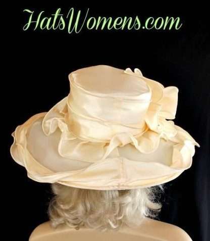 Ivory Wide Brim Formal Satin Church Wedding Hat Hats, Woman's Bridal Couture Hats Headpiece, Mother Of The Bride Hats, Formal Special Occasion Hats For Women Of Style