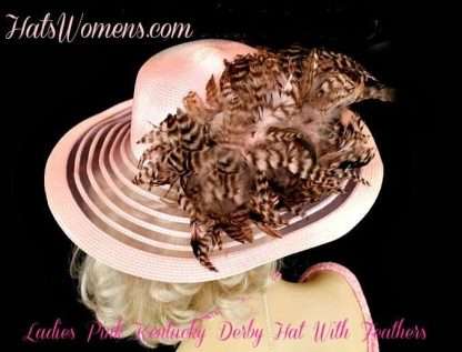 Women's Soft Pink Brown Tiger Hat With Feathers, Wide Brim Dress Hats For Women, Woman's Couture Bridal Church Winter Spring Designer Fashion Hats