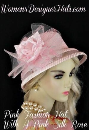 Women's Designer Pink Kentucky Derby Oaks Hat For Horse Races, Pink Mother Of The Bride Hats, Pink Dress Hats For Weddings, Elegant Pink Church Special Occasion Hat Hats, Custom Millinery Headpiece For Women With A Silk Rose