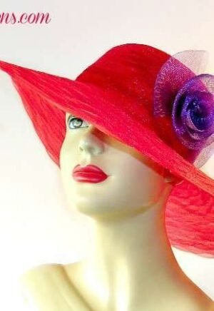 Women's Designer Red Purple Wide Brim Kentucky Derby Hat, Red Purple Designer Fashion Hats, Hats For Weddings And Formals, Mother Of The Bride Hat Haute Couture