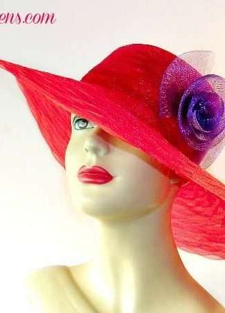 Women's Designer Red Purple Wide Brim Kentucky Derby Hat, Red Purple Designer Fashion Hats, Hats For Weddings And Formals, Mother Of The Bride Hat Haute Couture