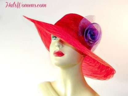 Women's Designer Red Purple Wide Brim Kentucky Derby Hat, Red Purple Designer Fashion Hats, Hats For Weddings And Formals, Mother Of The Bride Hat Haute Couture