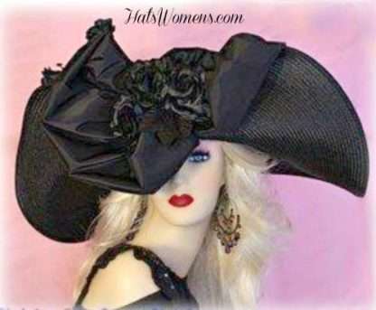 Ladies Formal Black Lift Up Wide Brimmed Dress Hat For Women, Kentucky Derby Hats For Women With Roses, Custom Church Hats, Haute Couture Wedding Bridal Hats Headpiece Millinery