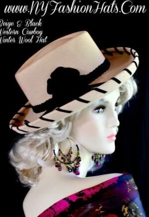 Women's Designer Camel Beige Mauve Pink Black Western Hat, Designer Cowboy Winter Hats