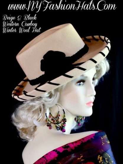 Women's Designer Camel Beige Mauve Pink Black Western Hat, Designer Cowboy Winter Hats