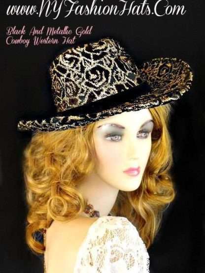 Ladies Black And Metallic Gold Designer Western Cowboy Hat Dress Hats - Image 2