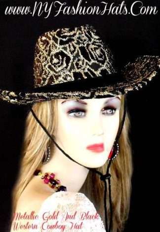 Women's Black Velvet Metallic Gold Cowboy Designer Women's Hat