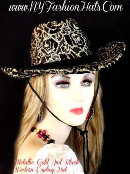 Women's Black Velvet Metallic Gold Cowboy Designer Women's Hat