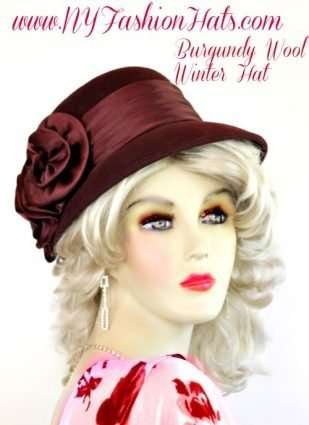 Ladies Burgundy Wool Satin Dress Hats, Hats For Weddings, Hats For Church Dress Formals Casual