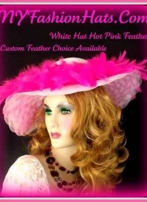 Kentucky Derby Hats, White Hot Pink Formal Church Hat With Feathers, Bridal Couture Headpiece Hats, Dress Hats For Women, Designer Fashion Church Hat Hats