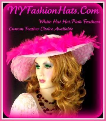 Kentucky Derby Hats, White Hot Pink Formal Church Hat With Feathers, Bridal Couture Headpiece Hats, Dress Hats For Women, Designer Fashion Church Hat Hats