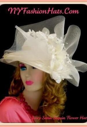 Womens Ivory Satin Wide Brim Designer Hat, Kentucky Derby Hats, Bridal Couture Headpiece Hat Flowers Velvet Sequin Pearls, Church Hats, Formal Hats