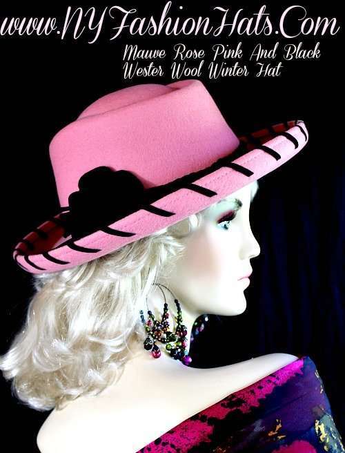 Woman's Pink Black Designer Western Winter Wool Hat, Cowboy Hats, Ladies Hats, Church Hats, Cowboy Hats For Wedding Brides Bridal