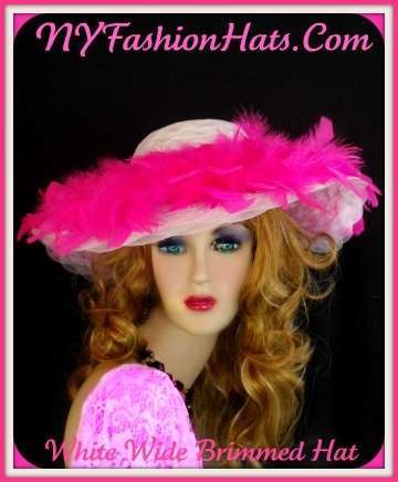 Women's White Hot Pink Designer Church Hat, Custom Hats With Feathers For Weddings Church Formals, Special Occasion Hats, Mother Of The Bride Hats