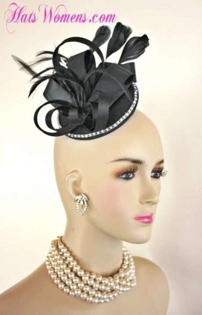 Ladies Black Satin Round Wedding Fascinator With Rhinestones Feathers, Black Satin Cocktail Hats, Bridal Wedding Headpiece, Ladies Derby Hats, Church Hats