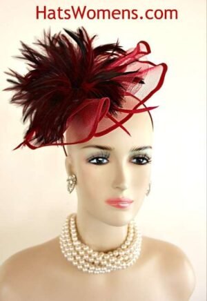 Burgundy Satin Wedding Fascinator With Feathers, Cocktail Wedding Bridal Couture Hats Headpieces For Women, Mother Of The Bride Church Formal Hats