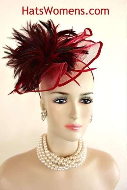 Burgundy Satin Wedding Fascinator With Feathers, Cocktail Wedding Bridal Couture Hats Headpieces For Women, Mother Of The Bride Church Formal Hats