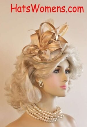 Haute Couture Wedding Fascinator, Champagne Beige Satin Cocktail Hat With Feathers Rhinestones, Church Hat, Brides Weddings Bridal Couture Accessory Hair Apparel