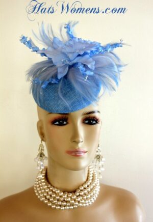 Women's Baby Blue Sinamay Straw Wedding Fascinator, Bridal Couture Weddng Fascinators Feathers Orchid Flowers, Kentucky Derby Hats, Cocktail Hats, Mother Of The Bride
