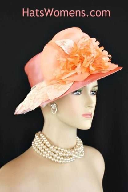 Elegant Peach Satin Wide Brim Hat With Flowers, Designer Fashion Hats For Weddings Brides Formals Church, Bridal Couture Custom Hats Woman, Ladies Derby Hats, Melbourne Cup Hats