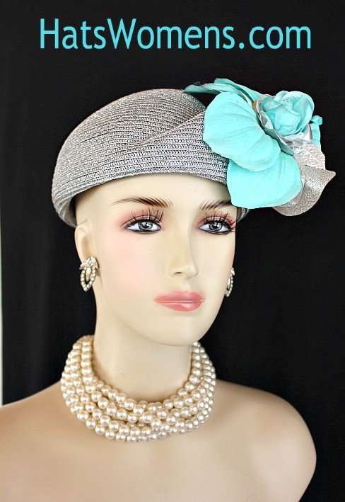 Elegant Metallic Silver Turquoise Blue Dress Hat For Women, Custom Made Designer Fashion Hats With Flowers, Dubai World Cup, Melbourne Cup, Royal Ascot, Kentucky Derby Hats, Bridal Couture Custom Millinery Hats Headwear Weddings Formals Woman