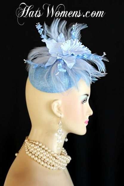 Ladies Couture Baby Blue Wedding Bridal Fascinator For Horse Races, Sinamay Straw Fascinators For Women, Ladies Designer Straw Hats, Cocktail Hats, Hats For Formals Wedding Church