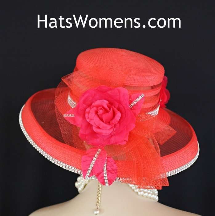 Ladies Red Dress Special Occasion Hat With Roses, Rhinestone Designer Kentucky Derby Hat, Bespoke Couture Hats For The Races, Mother Of The Bride Hats, Custom Hats, Elegant Church Wedding Fashion Hats Millinery Headwear Apparel Woman