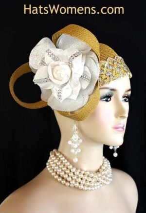Metallic Gold Silver White Cloche Designer Hat Women, Cocktail Hats, Pillbox Hats, Couture Bridal Wedding Church Hats Headpiece Millinery, Kentucky Derby Hats