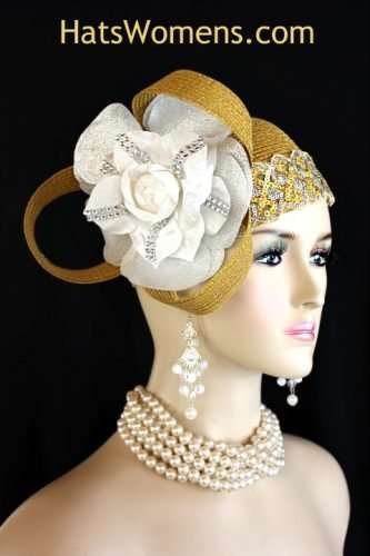Metallic Gold Silver White Cloche Designer Hat Women, Cocktail Hats, Pillbox Hats, Couture Bridal Wedding Church Hats Headpiece Millinery, Kentucky Derby Hats