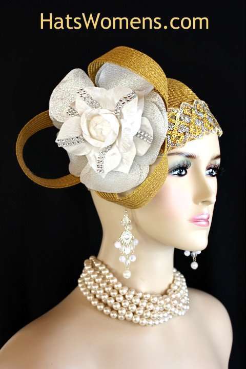 Metallic Gold Silver White Cloche Designer Hat Women, Cocktail Hats, Pillbox Hats, Couture Bridal Wedding Church Hats Headpiece Millinery, Kentucky Derby Hats