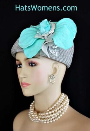 Metallic Silver Turquoise Blue Mother Of The Bride Church Hat, Ladies Fashion Hats, Women's Hats For The Kentucky Derby Horse Races, Bridal Couture Headpiece Millinery Hats