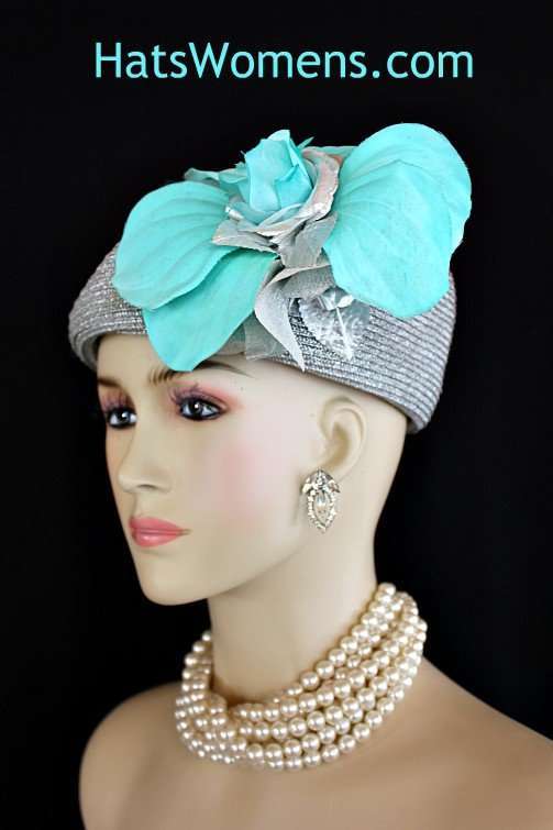 Metallic Silver Turquoise Blue Mother Of The Bride Church Hat, Ladies Fashion Hats, Women's Hats For The Kentucky Derby Horse Races, Bridal Couture Headpiece Millinery Hats