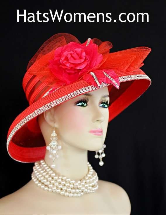 Ladies Red Formal Kentucky Derby Hat With Rhinestones Roses, Formal Church Special Occasion Hats For Women, Dress Hats For Women, Bridal Wedding Headpiece Custom Hats Millinery Headwear Apparel