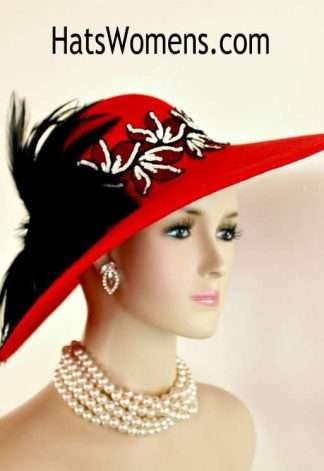 Woman's Red Black Ivory Winter Wool Church Hat, Dress Hats For Women, Ladies Designer Fashion Wedding Hats