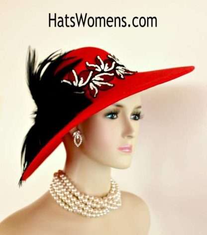 Woman's Red Black Ivory Winter Wool Church Hat, Dress Hats For Women, Ladies Designer Fashion Wedding Hats