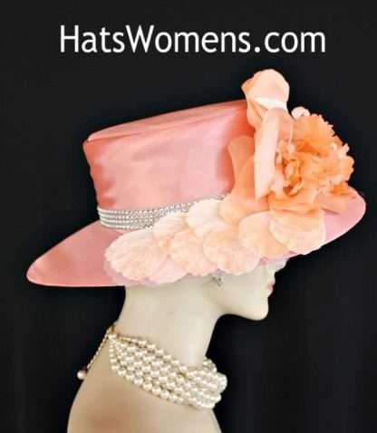 Women's Special Occasion Designer Peach Satin Wide Brim Hat, Dress Hats With Flowers, Kentucky Derby Hats, Bridal Couture Millinery Headpiece Hat, Mother Of The Bride Wedding Hats Rhinestones